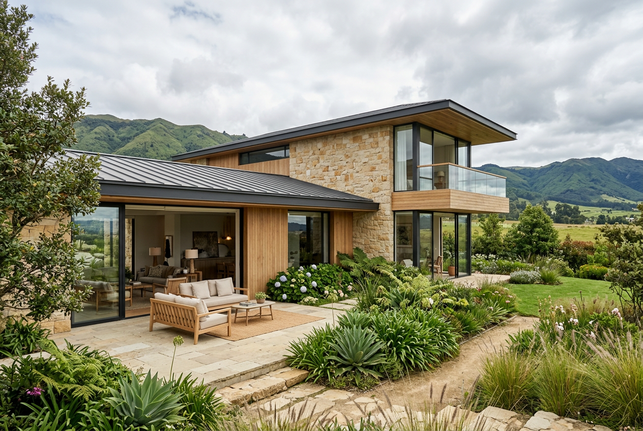 Casa contemporánea en la Sabana de Bogotá, rodeada de vegetación y colinas andinas